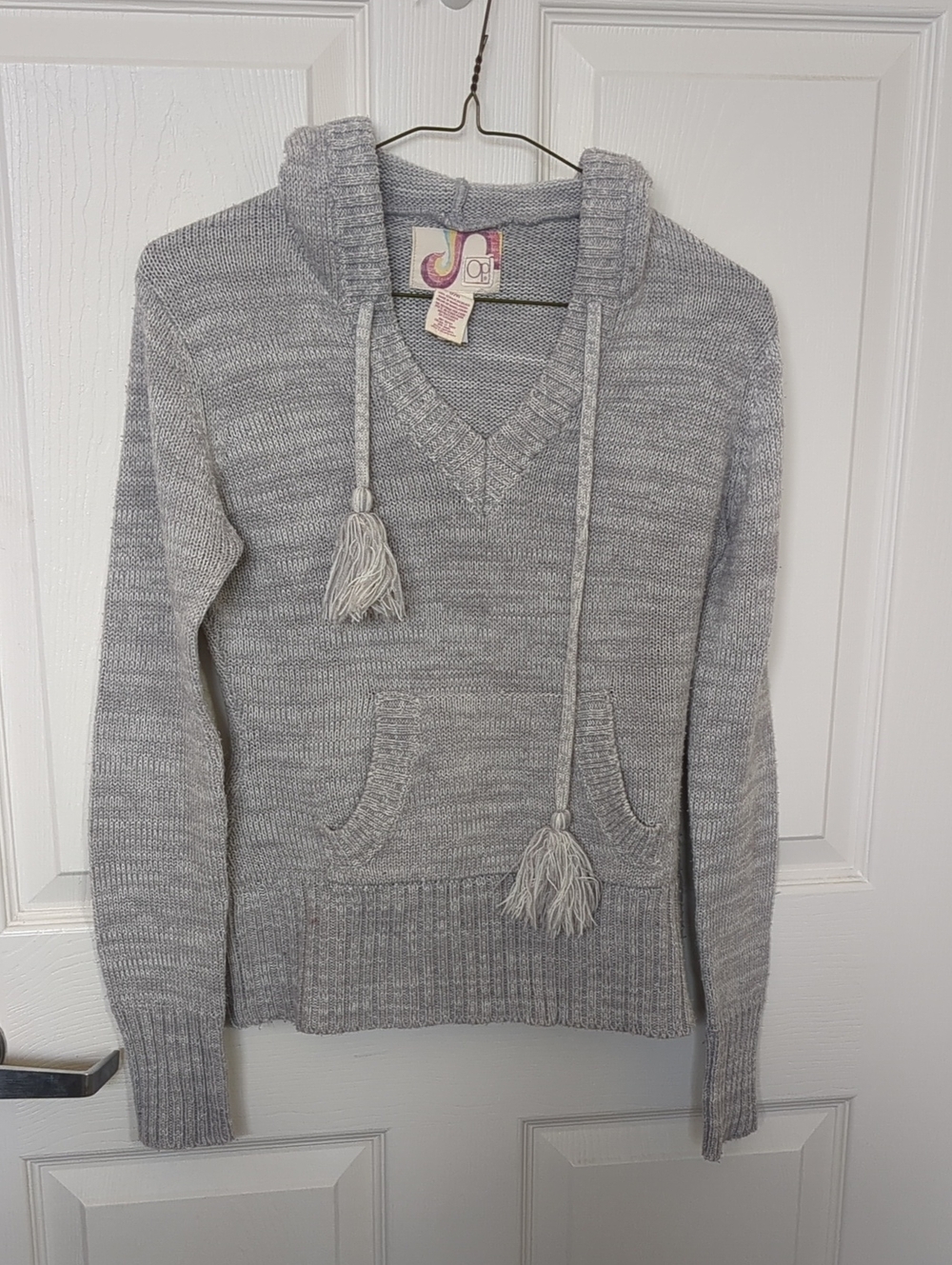Light Gray Hooded V-Neck Sweater with Tassel Drawstrings